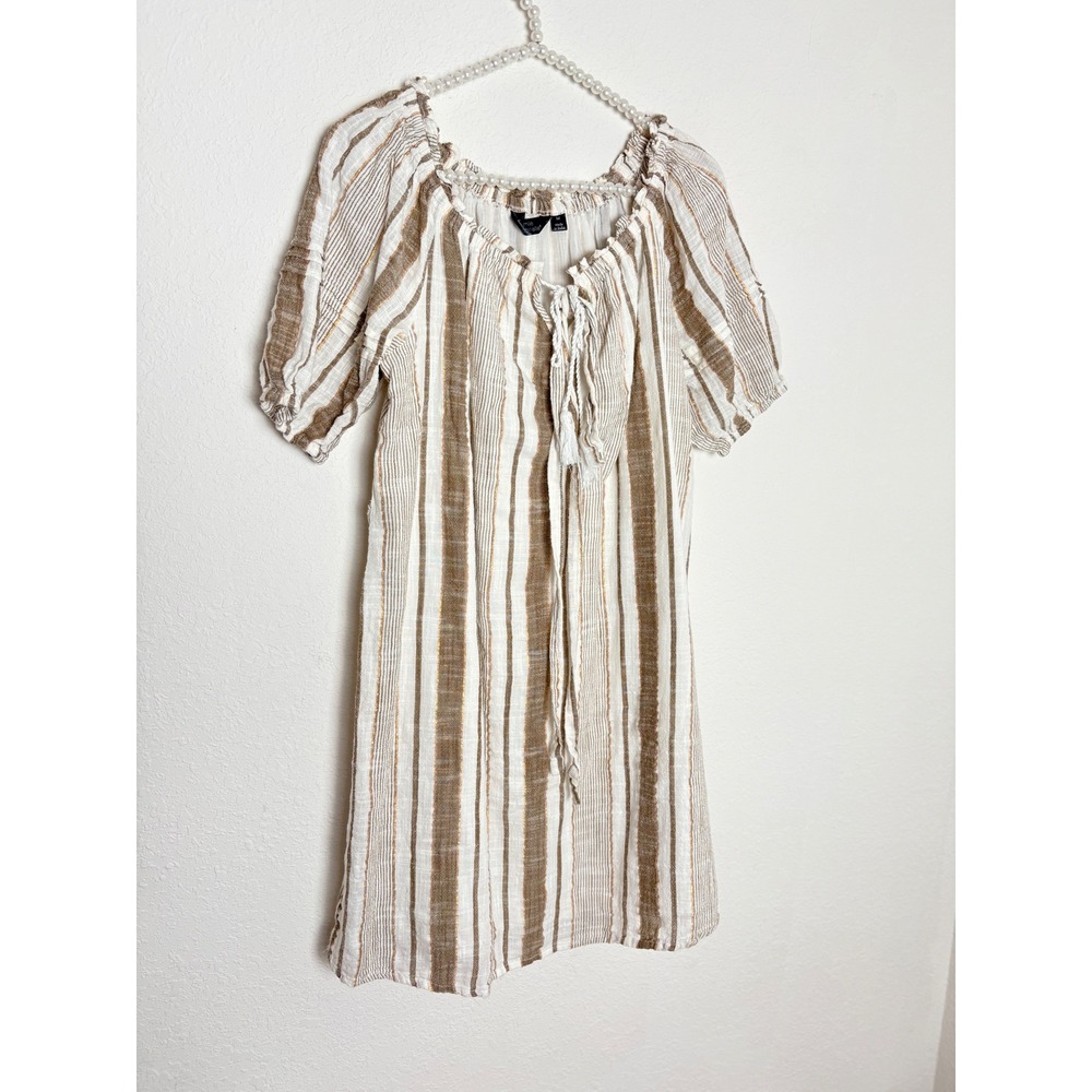 Mlle‎ Gabrielle Striped metallic Peasant Dress M White Brown Gold  Boho Mini